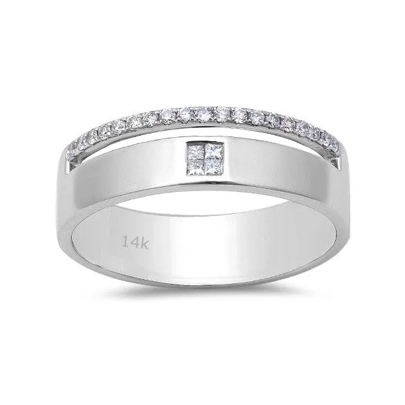 0.21ct Princess & Round Diamonds in 14K White Gold Band Men's Ring
