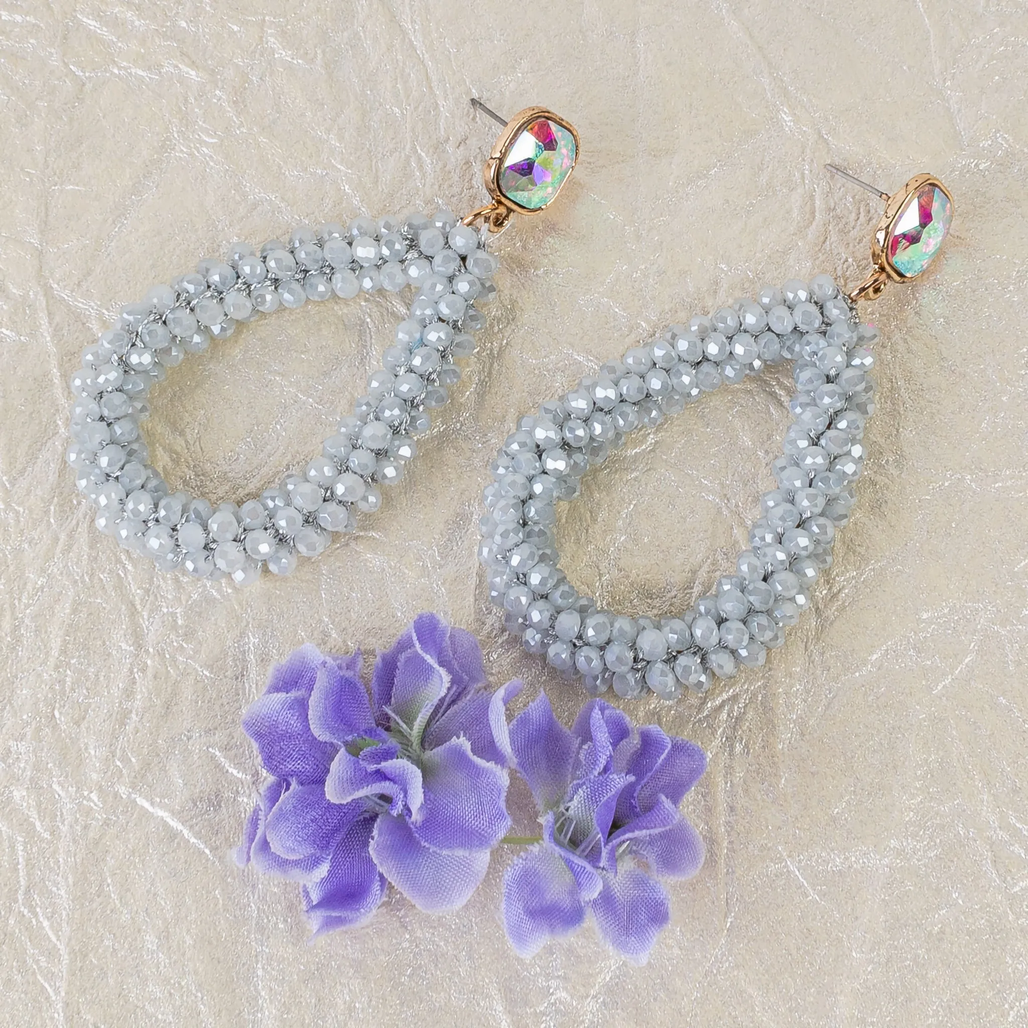 1306 - Beaded Hoop Earrings - Grey