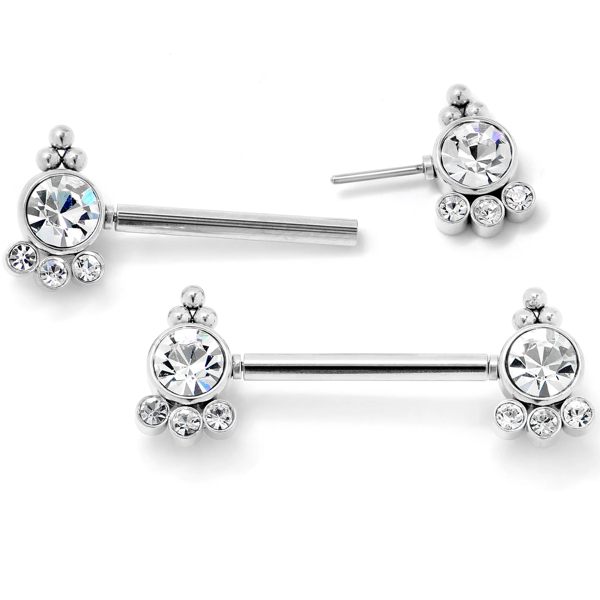 14 Gauge 9/16 Clear CZ Gem Style Threadless Barbell Nipple Ring Set