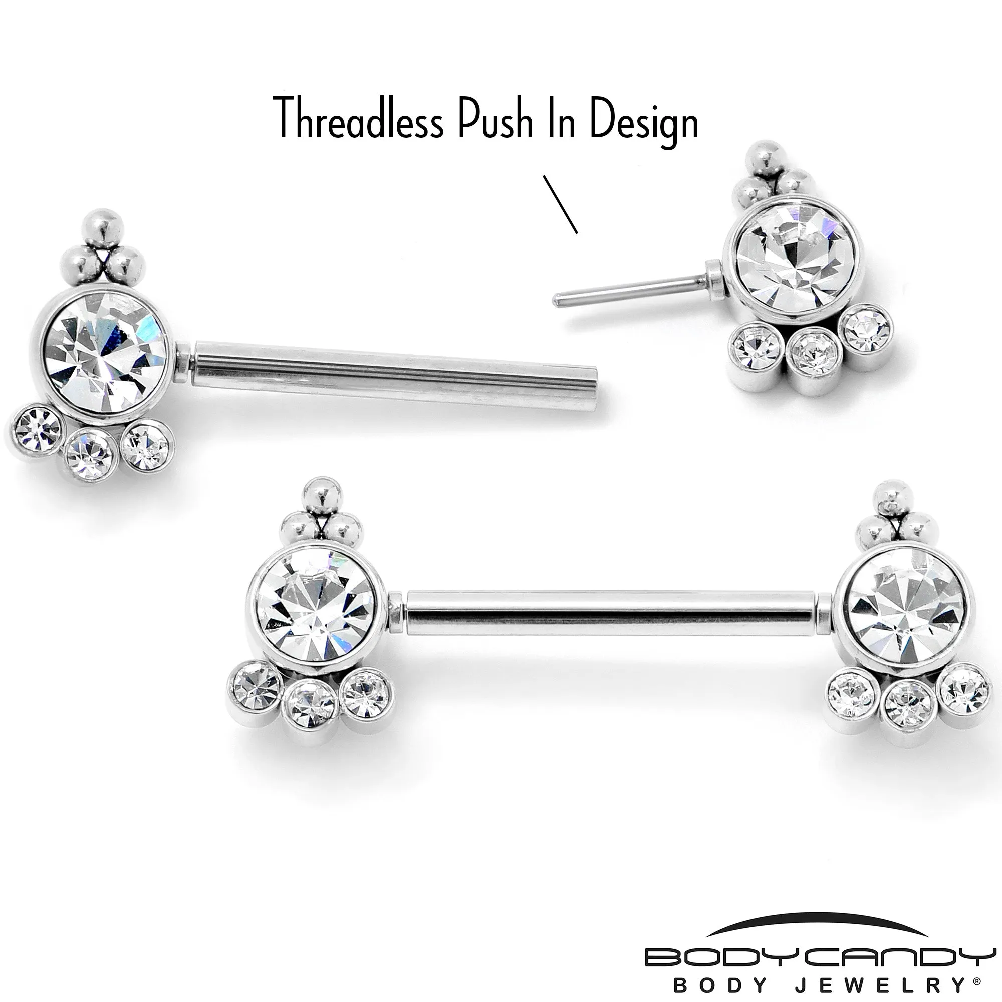 14 Gauge 9/16 Clear CZ Gem Style Threadless Barbell Nipple Ring Set