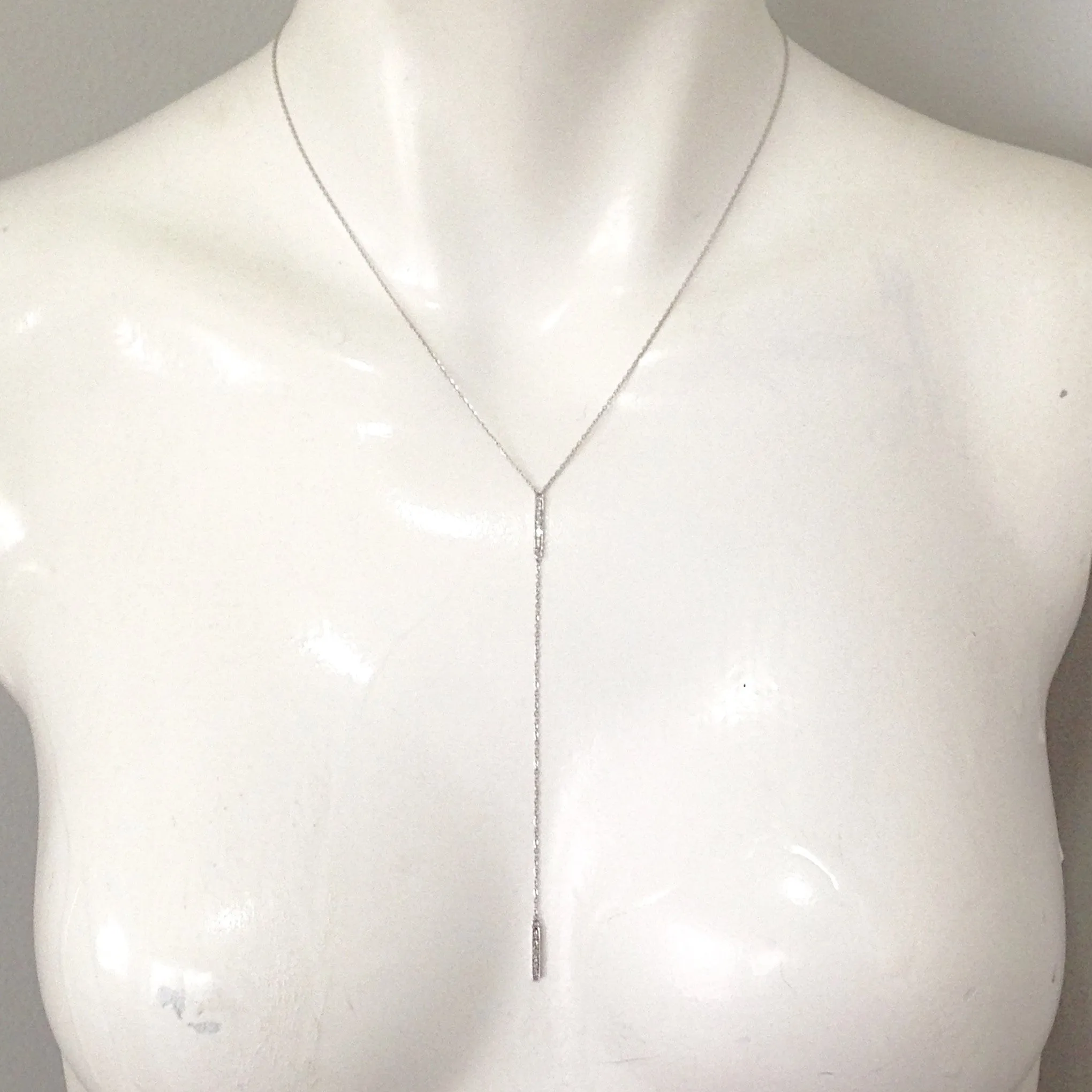 14K Gold Pavé Diamond Double Bar Lariat Drop Necklace