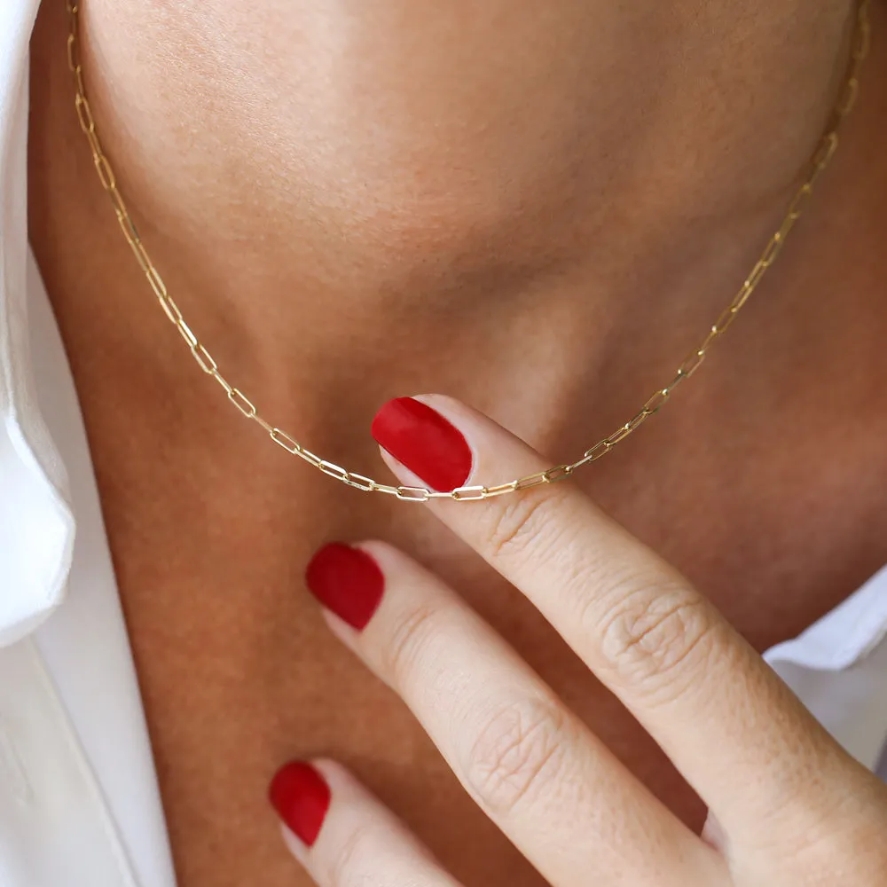 14k Solid Gold Tiny Paper Clip Link Necklace