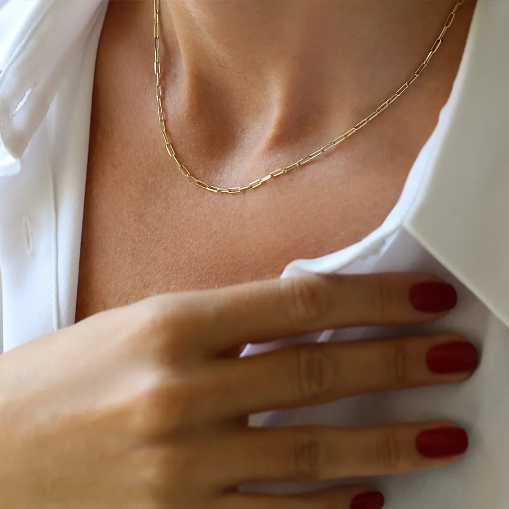 14k Solid Gold Tiny Paper Clip Link Necklace