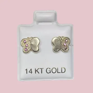 14K Solid Yellow Gold Butterfly Stud Earrings With Safety Backing