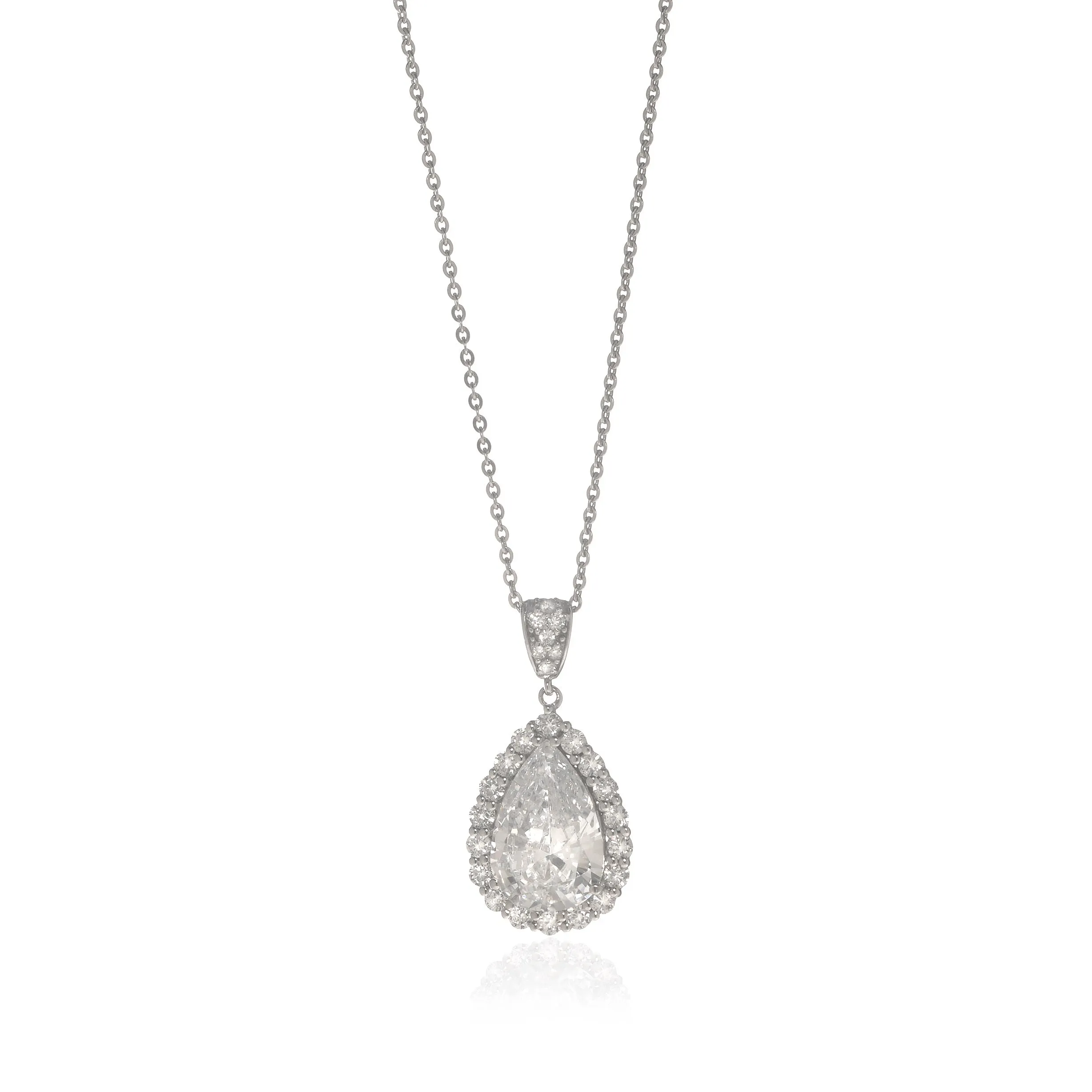 14K White Gold CZ Pear Pendant Necklace