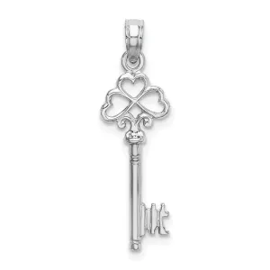 14K White Gold Rhodium Solid 3-D Hearts Design Key Charm Pendant