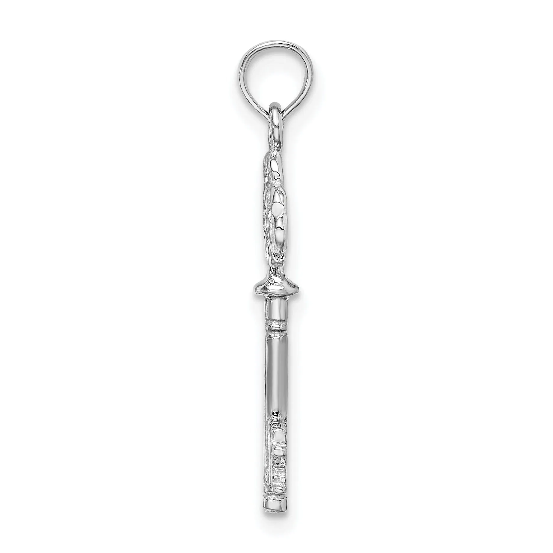 14K White Gold Rhodium Solid 3-D Hearts Design Key Charm Pendant