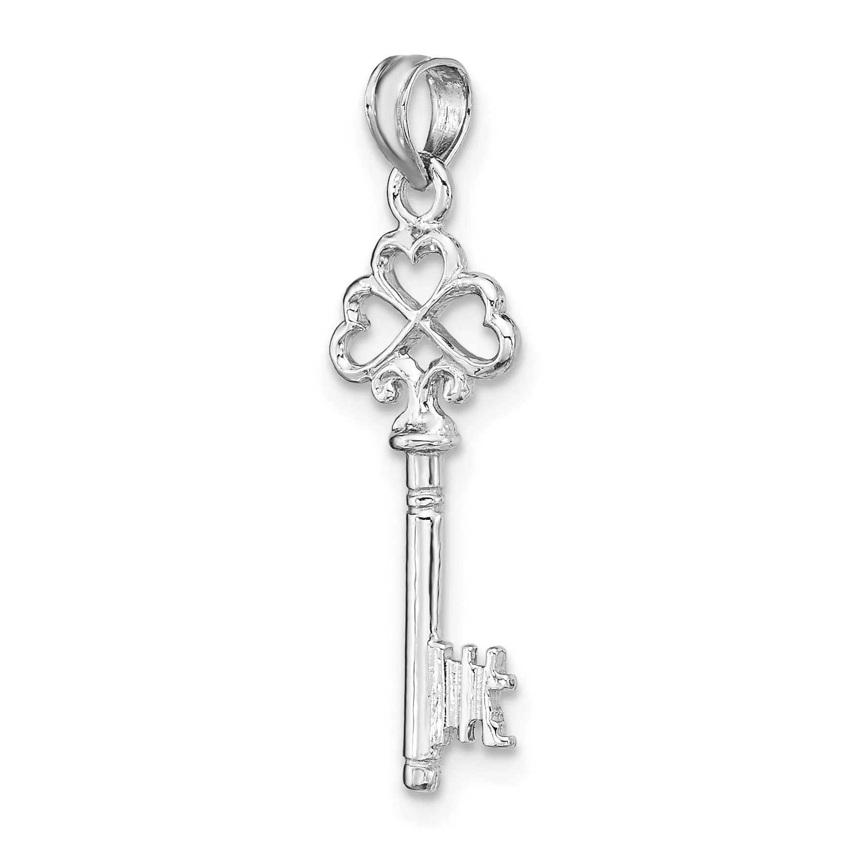 14K White Gold Rhodium Solid 3-D Hearts Design Key Charm Pendant