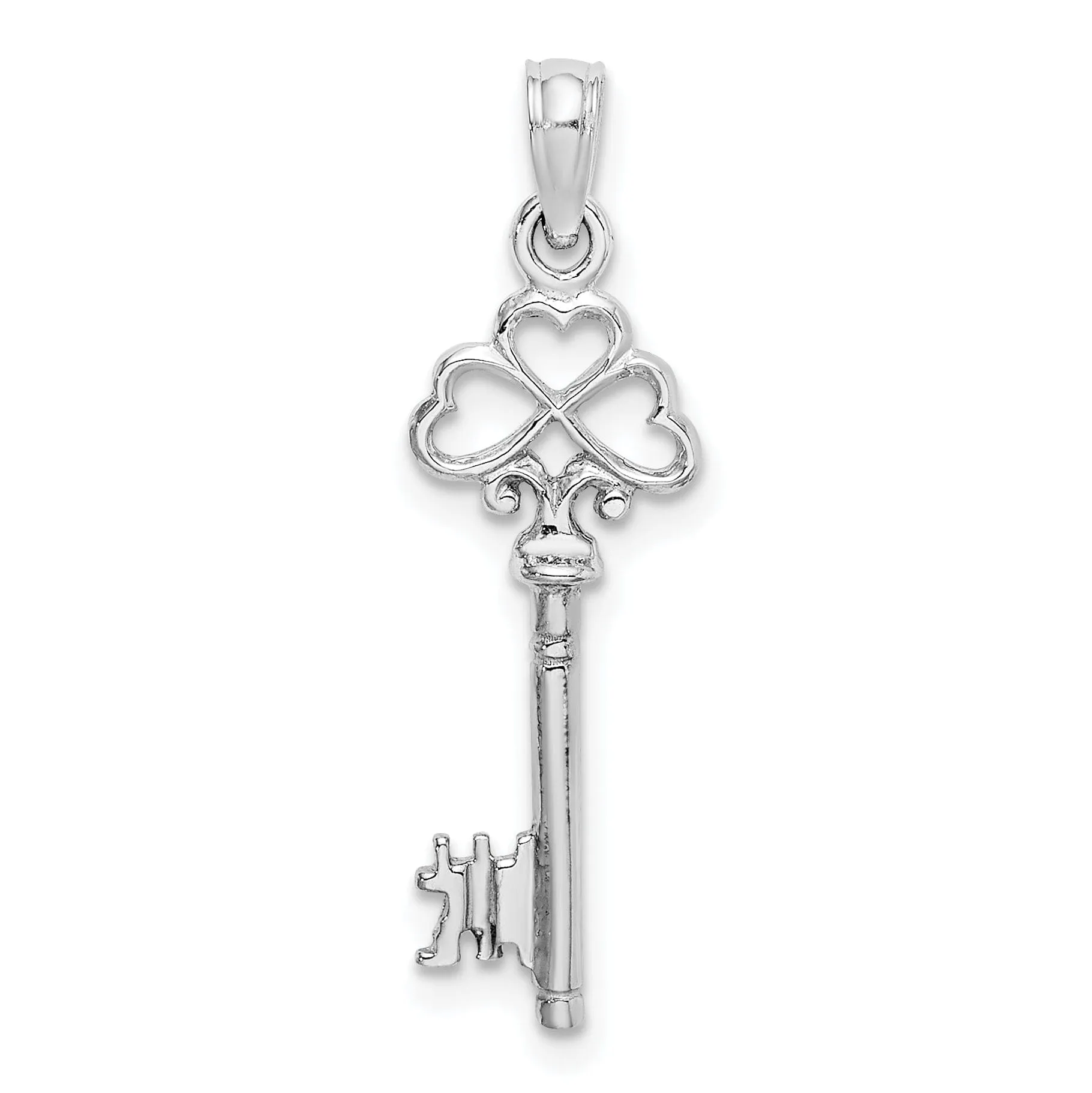 14K White Gold Rhodium Solid 3-D Hearts Design Key Charm Pendant