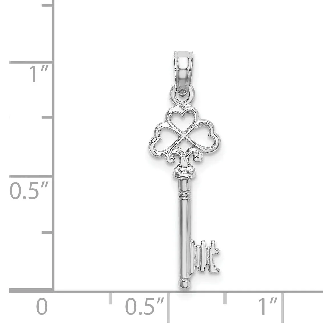 14K White Gold Rhodium Solid 3-D Hearts Design Key Charm Pendant