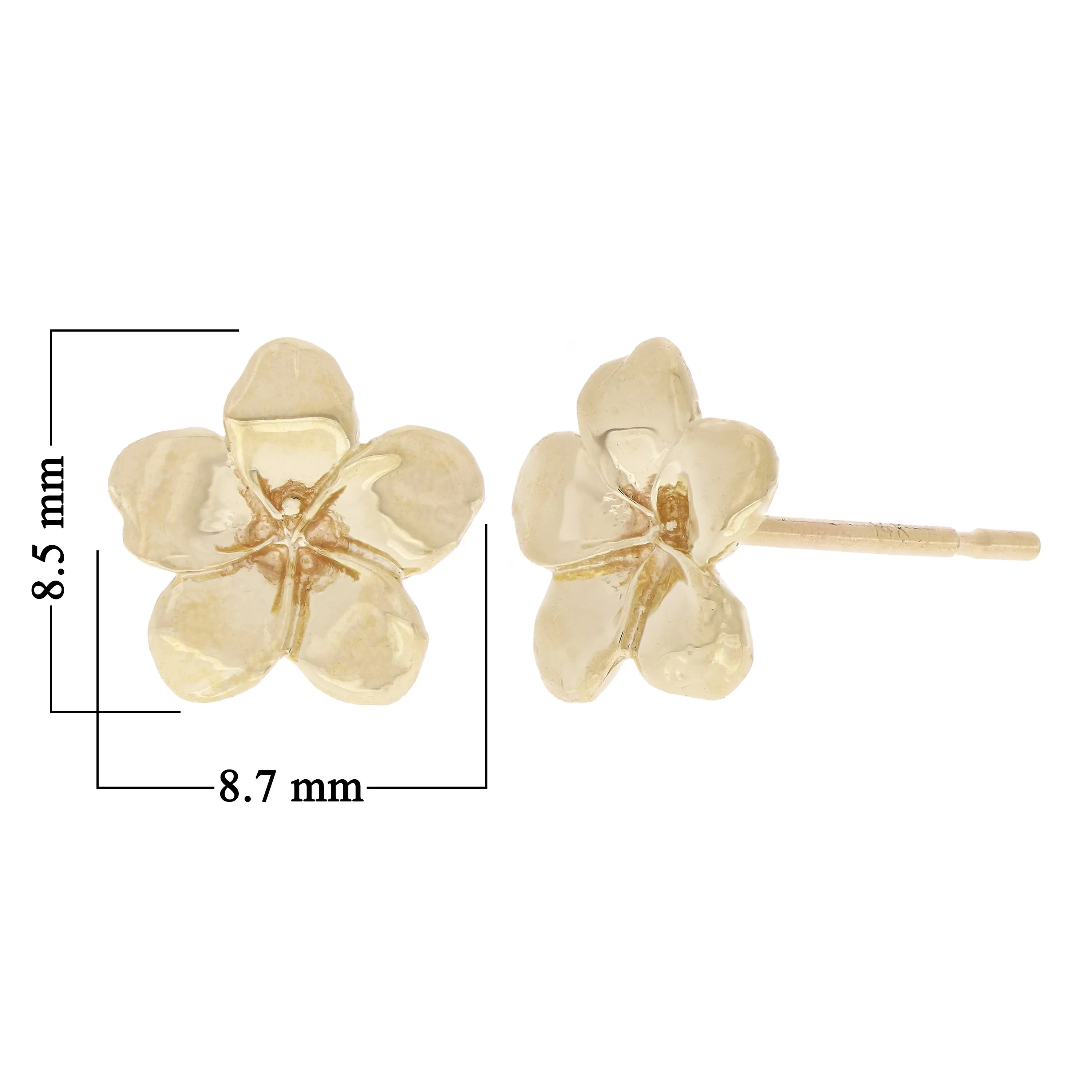 14k Yellow Gold Hawaiian Plumeria Flower Stud Earrings Small or Medium Size