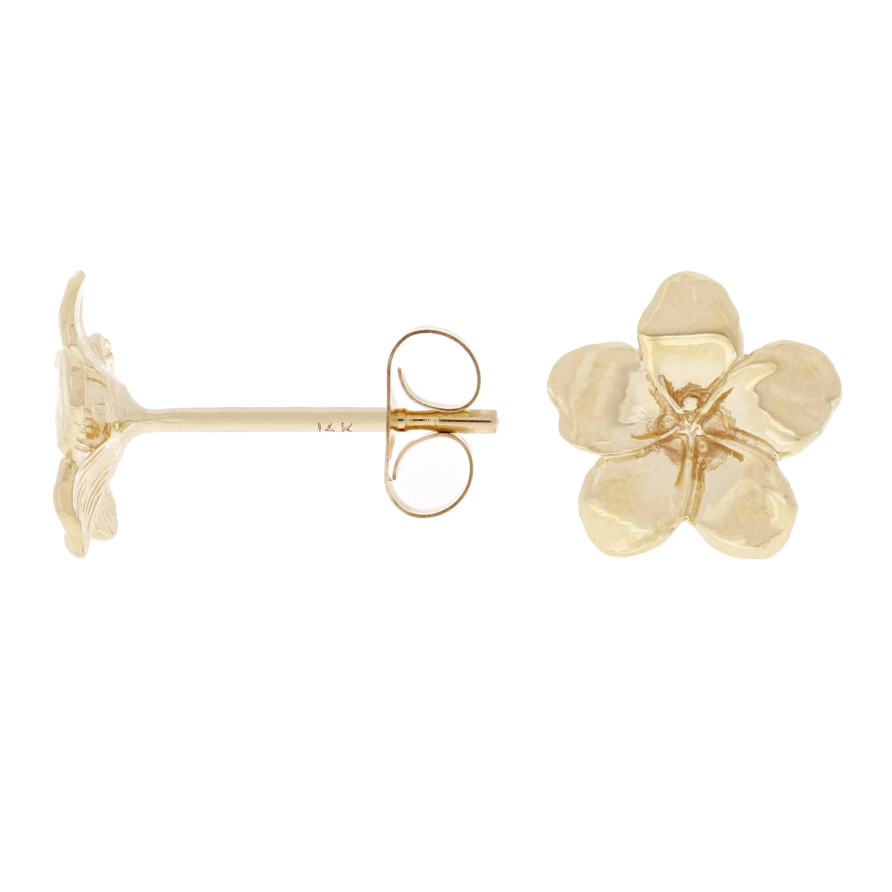 14k Yellow Gold Hawaiian Plumeria Flower Stud Earrings Small or Medium Size