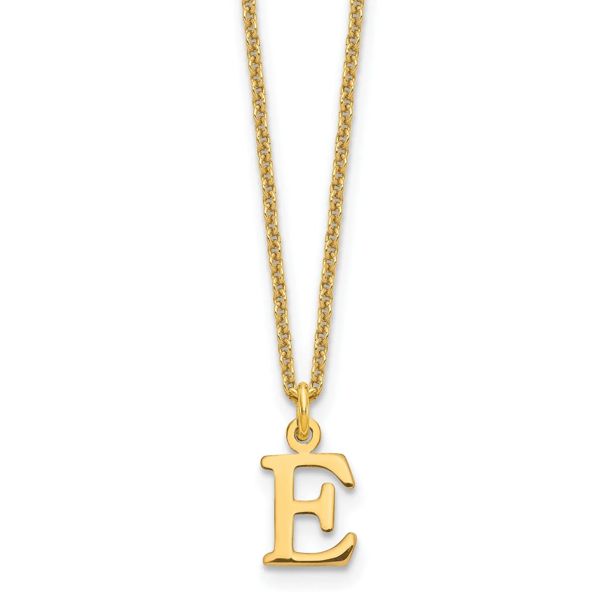 14k Yellow Gold Tiny Cut Out Block Letter E Initial Pendant and Necklace