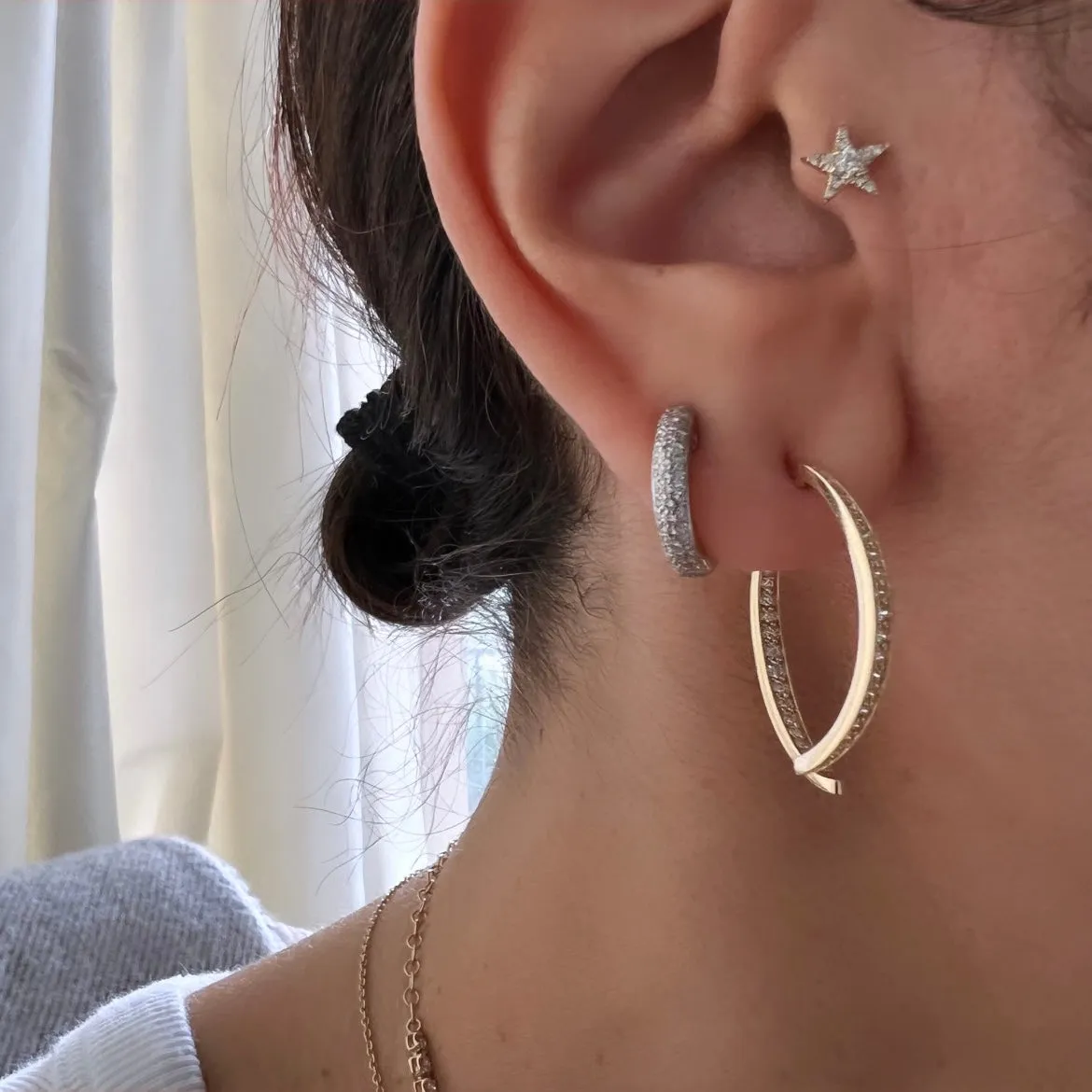 14KT Gold Diamond Wishbone Hoop Earrings
