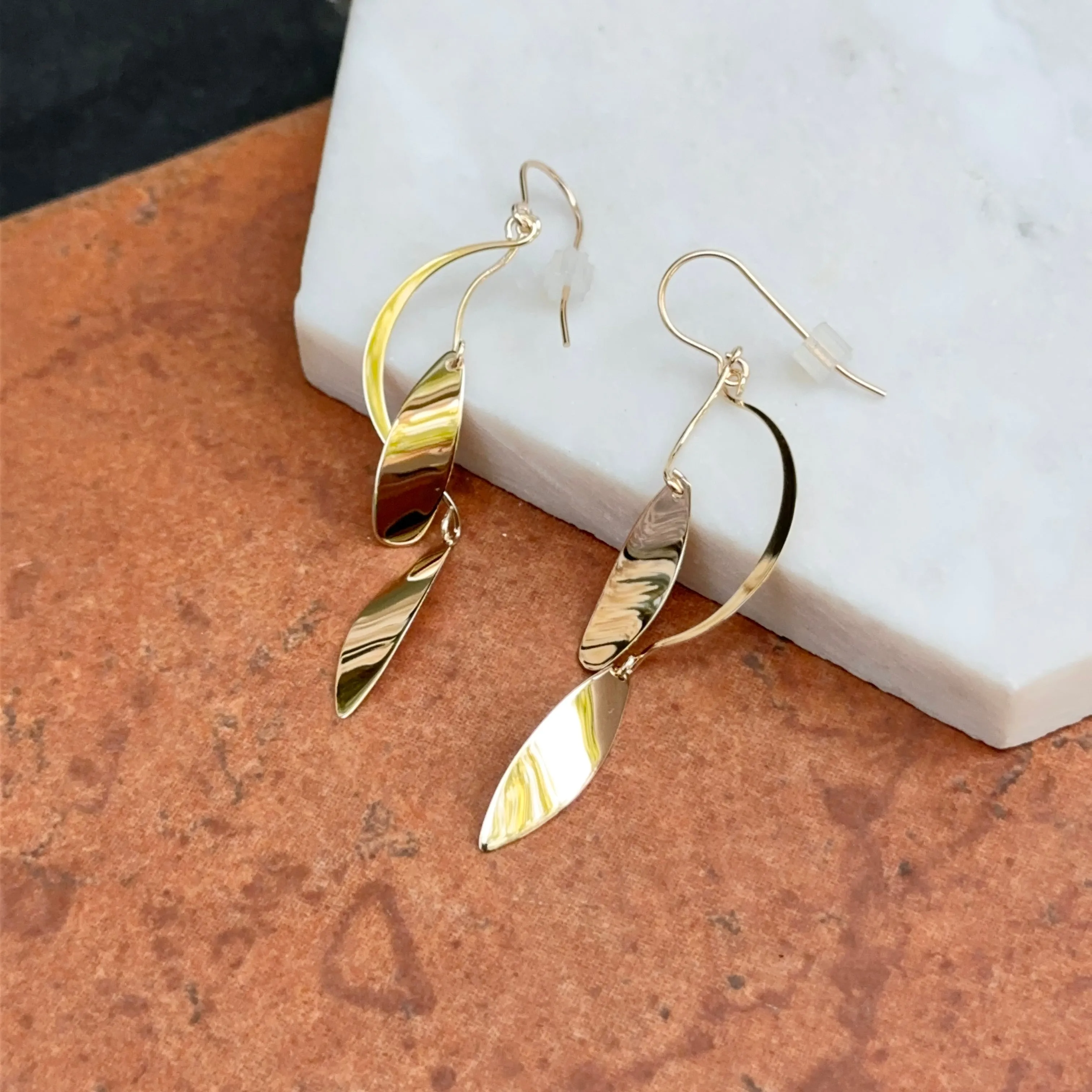 14KT Yellow Gold Leaves Curved Wire Dangle Earrings