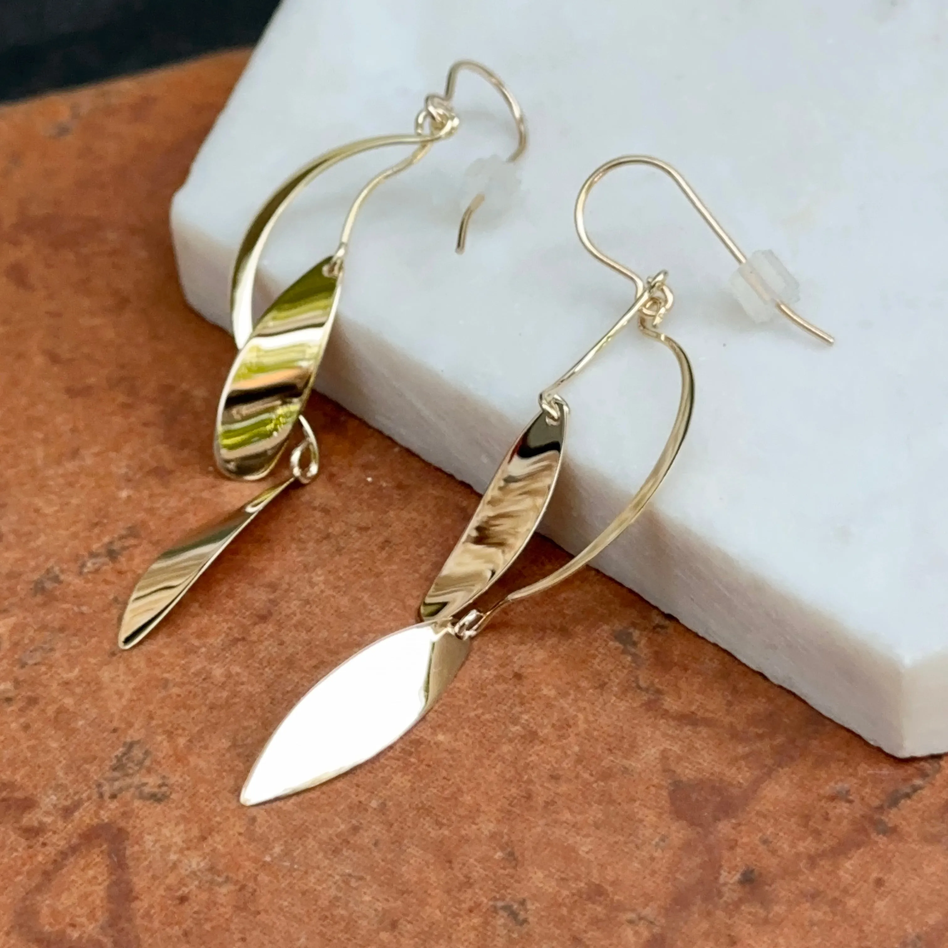 14KT Yellow Gold Leaves Curved Wire Dangle Earrings