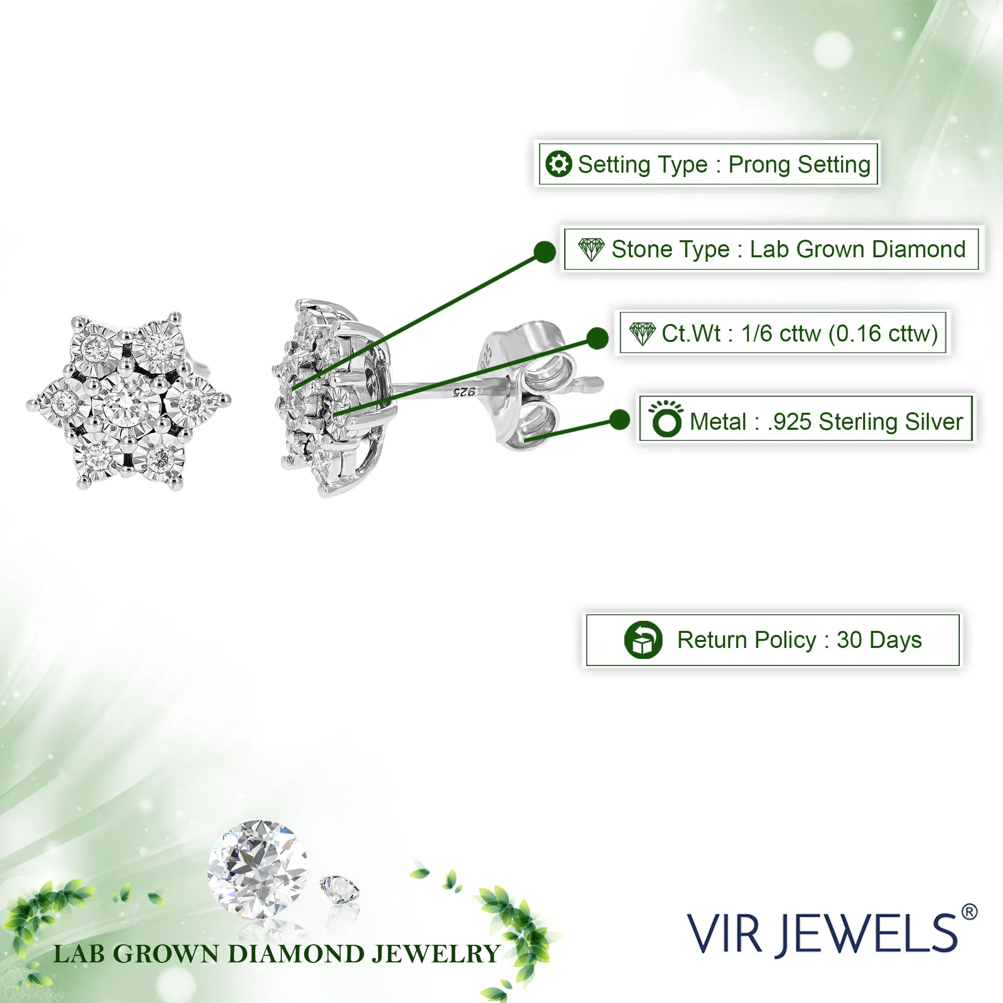 1/6 cttw Lab Grown Diamond Flower Stud Earring in Sterling Silver