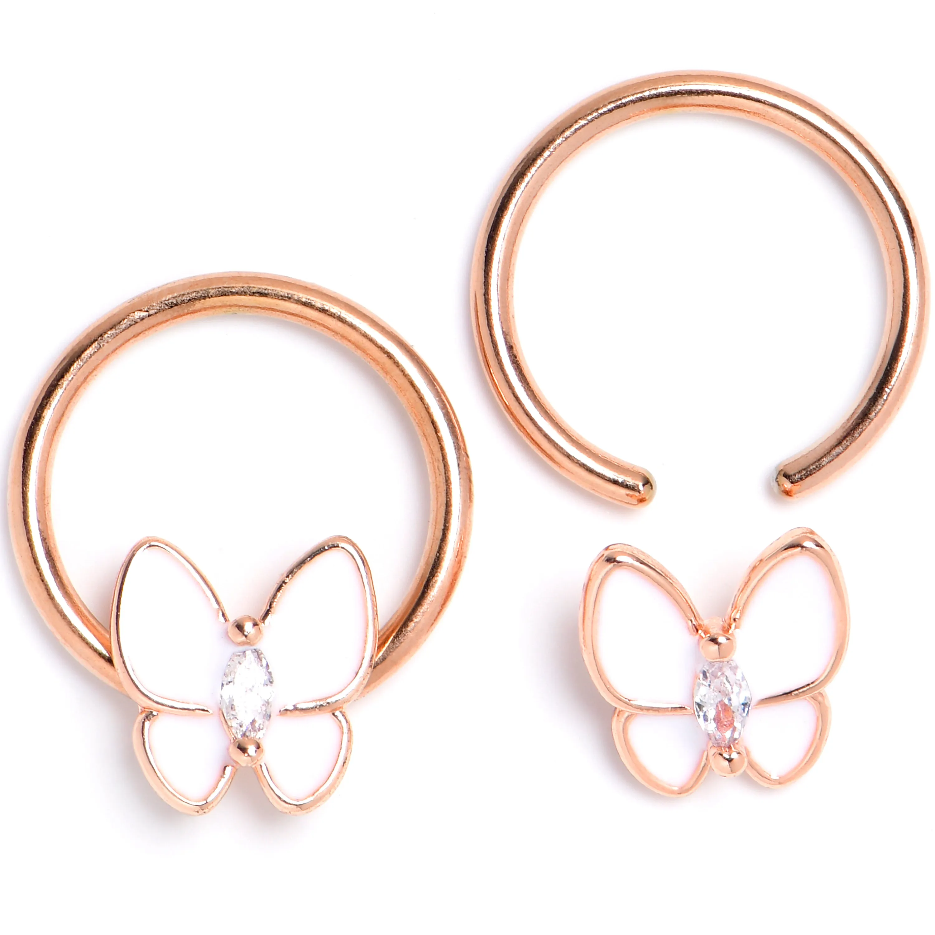 16 Gauge 3/8 Clear Gem Rose Gold Tone Butterfly BCR Captive Ring Set of 4