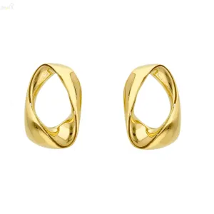 18K Solid Yellow Gold Modern Twist Open Oval Earrings