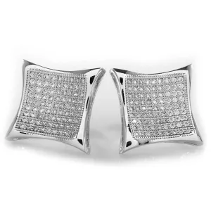 18K White Gold Iced Curved Square Stud Earrings