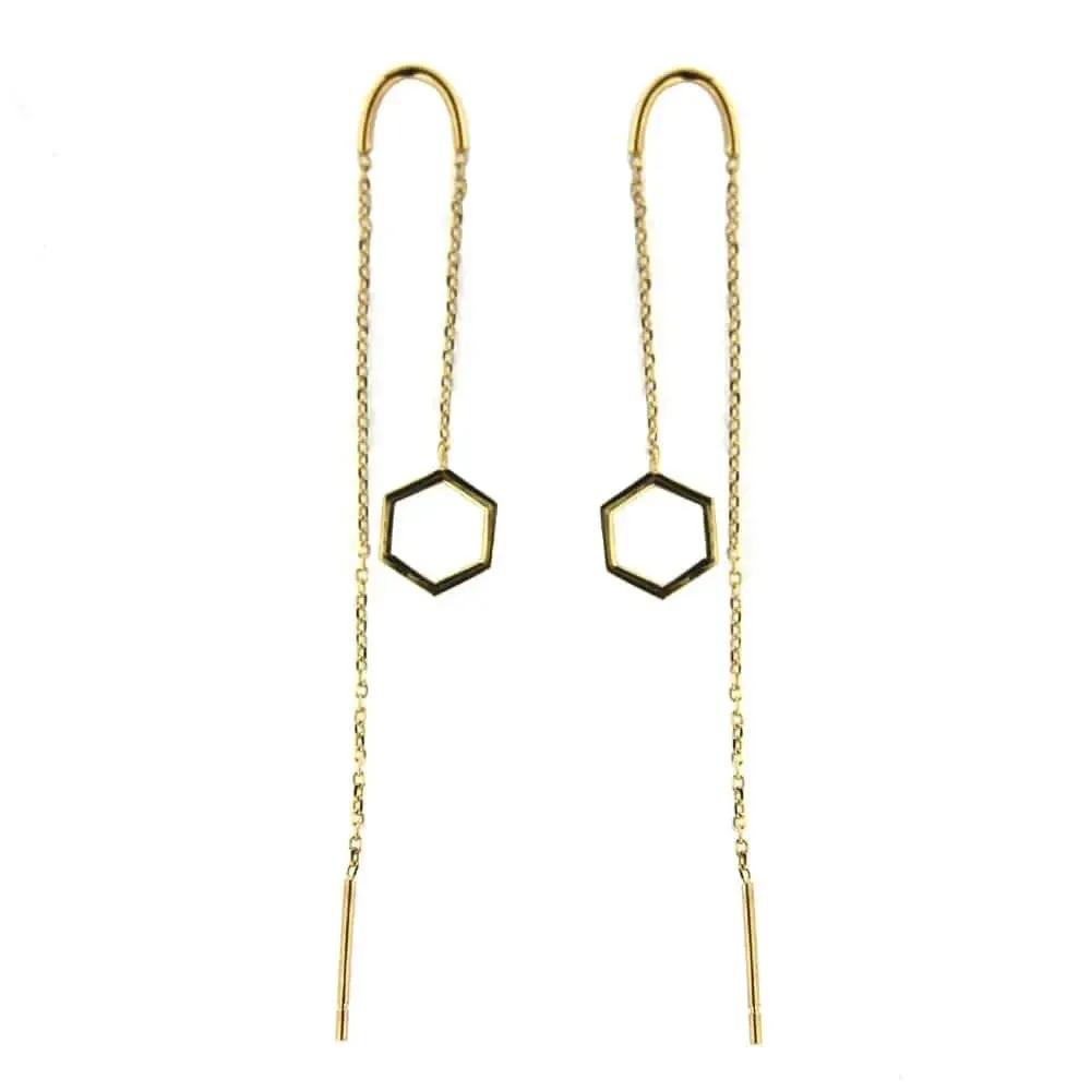 18k Yellow Gold Open Hexagon Thread  Dangle Earrings