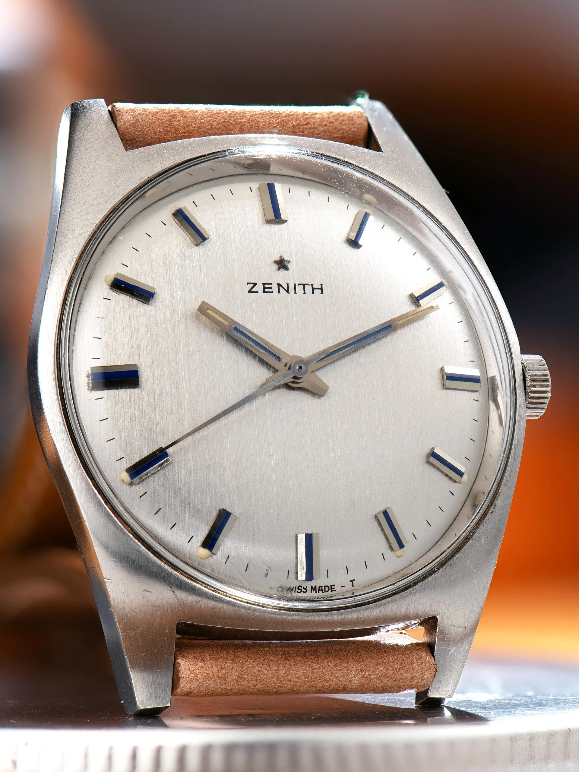 1960s Zenith Stainless Steel Dress Watch W/ Blue Enamel Markers & Hands 'Cal. 2542'