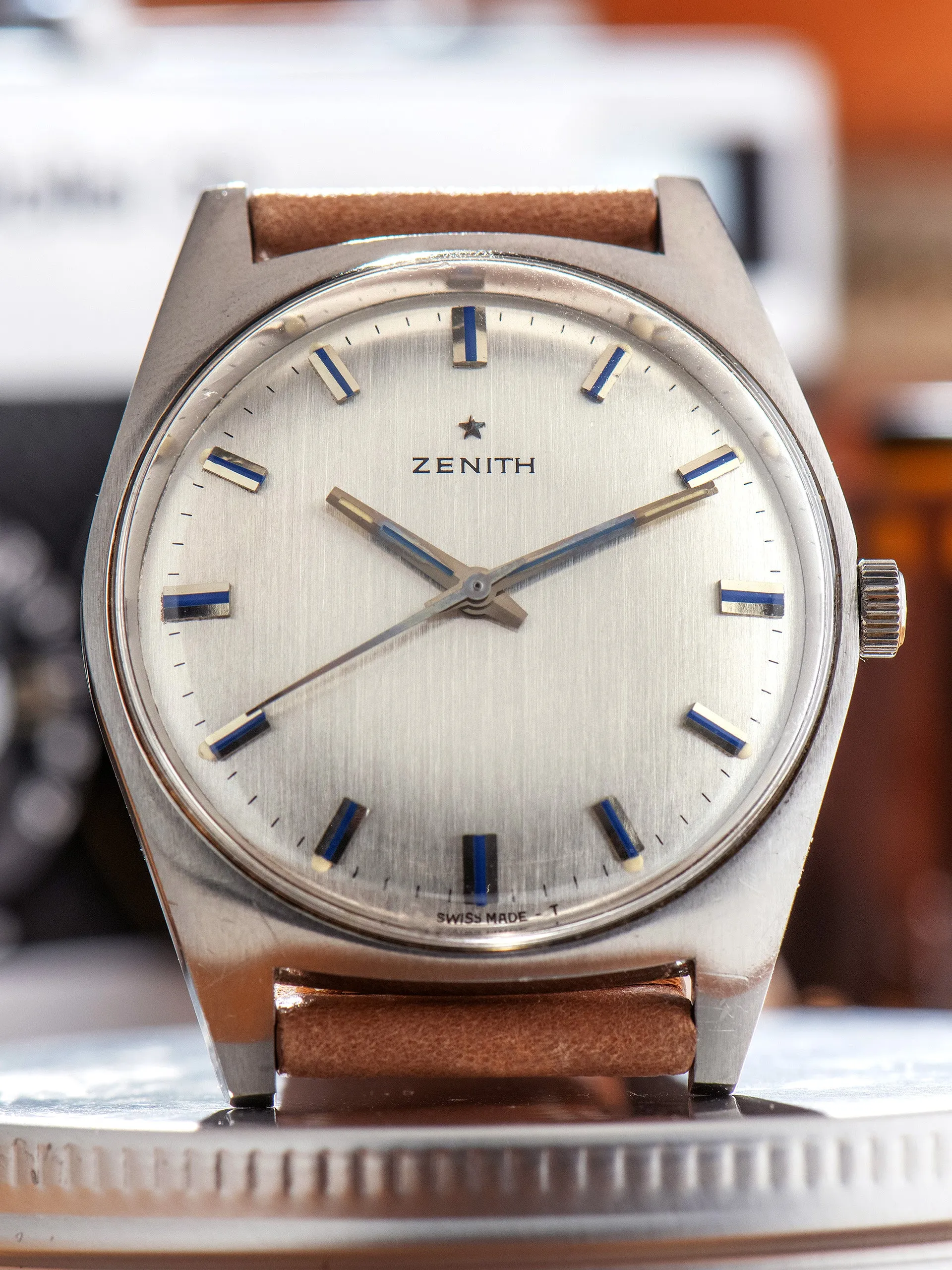 1960s Zenith Stainless Steel Dress Watch W/ Blue Enamel Markers & Hands 'Cal. 2542'