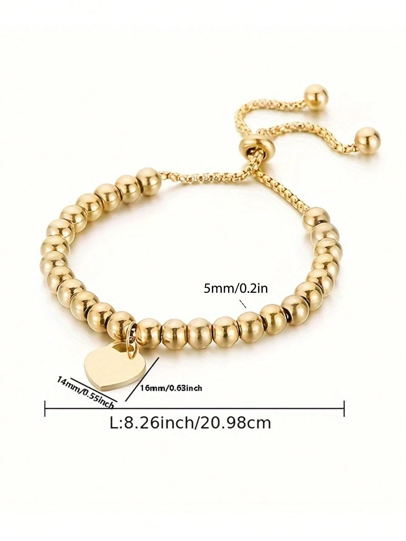 1pc Elegant Titanium Steel Heart Pendant Bracelet, 18K Gold Plated Titanium Steel Material, Long-Lasting Color, Adjustable With Positioning Beads, Suitable For Daily Wear And Gift For Women