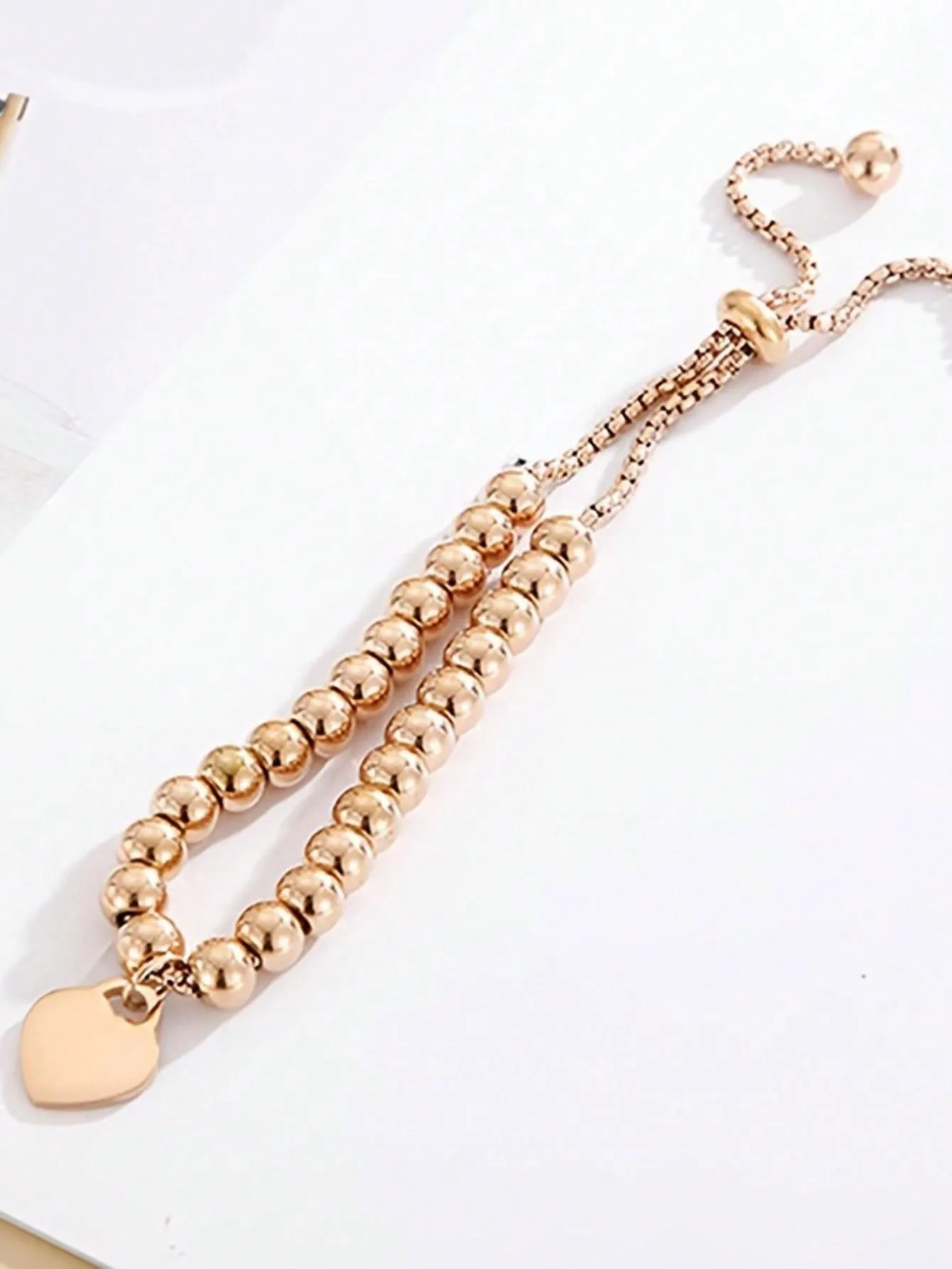 1pc Elegant Titanium Steel Heart Pendant Bracelet, 18K Gold Plated Titanium Steel Material, Long-Lasting Color, Adjustable With Positioning Beads, Suitable For Daily Wear And Gift For Women
