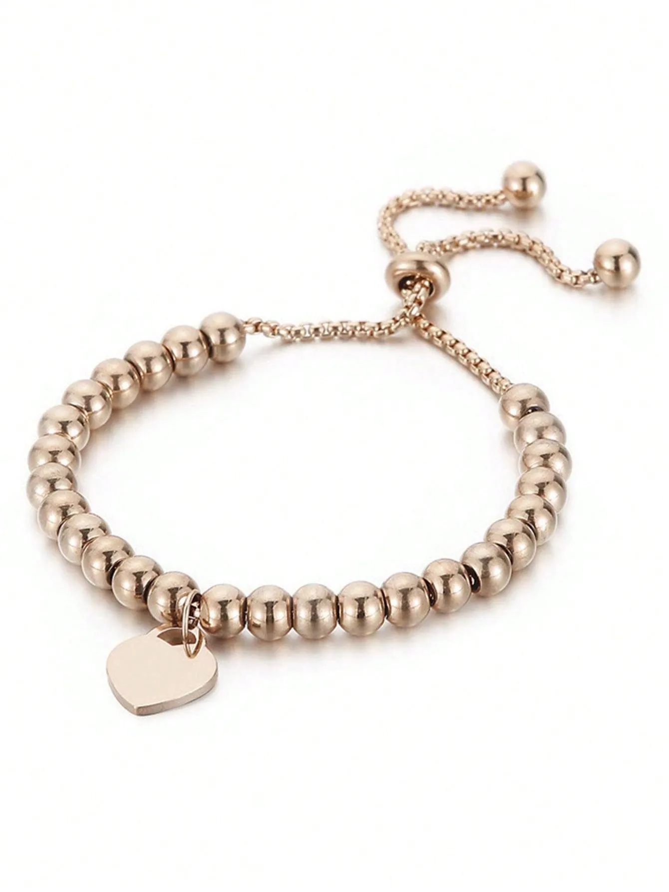 1pc Elegant Titanium Steel Heart Pendant Bracelet, 18K Gold Plated Titanium Steel Material, Long-Lasting Color, Adjustable With Positioning Beads, Suitable For Daily Wear And Gift For Women