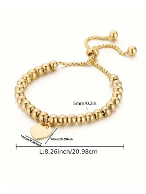 1pc Elegant Titanium Steel Heart Pendant Bracelet, 18K Gold Plated Titanium Steel Material, Long-Lasting Color, Adjustable With Positioning Beads, Suitable For Daily Wear And Gift For Women