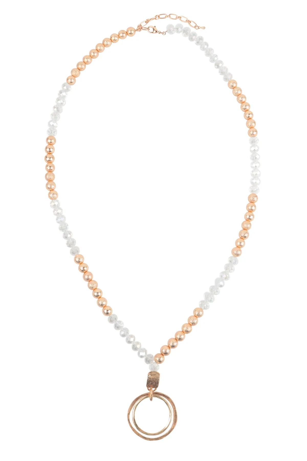 2 OPEN CIRCLE PENDANT TEXTURED CCB AND RONDELLE BEADS NECKLACE