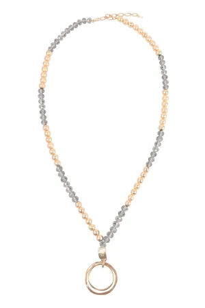 2 OPEN CIRCLE PENDANT TEXTURED CCB AND RONDELLE BEADS NECKLACE