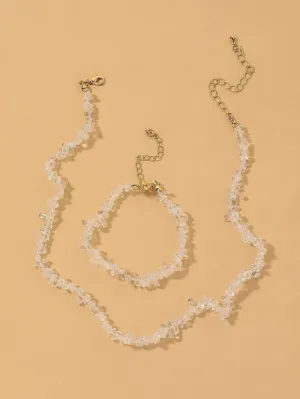 2 PC Natural Quartz Gem Necklace and Bracelet Two Piece Jewelry Set, Ice Cube Statement Earrings
