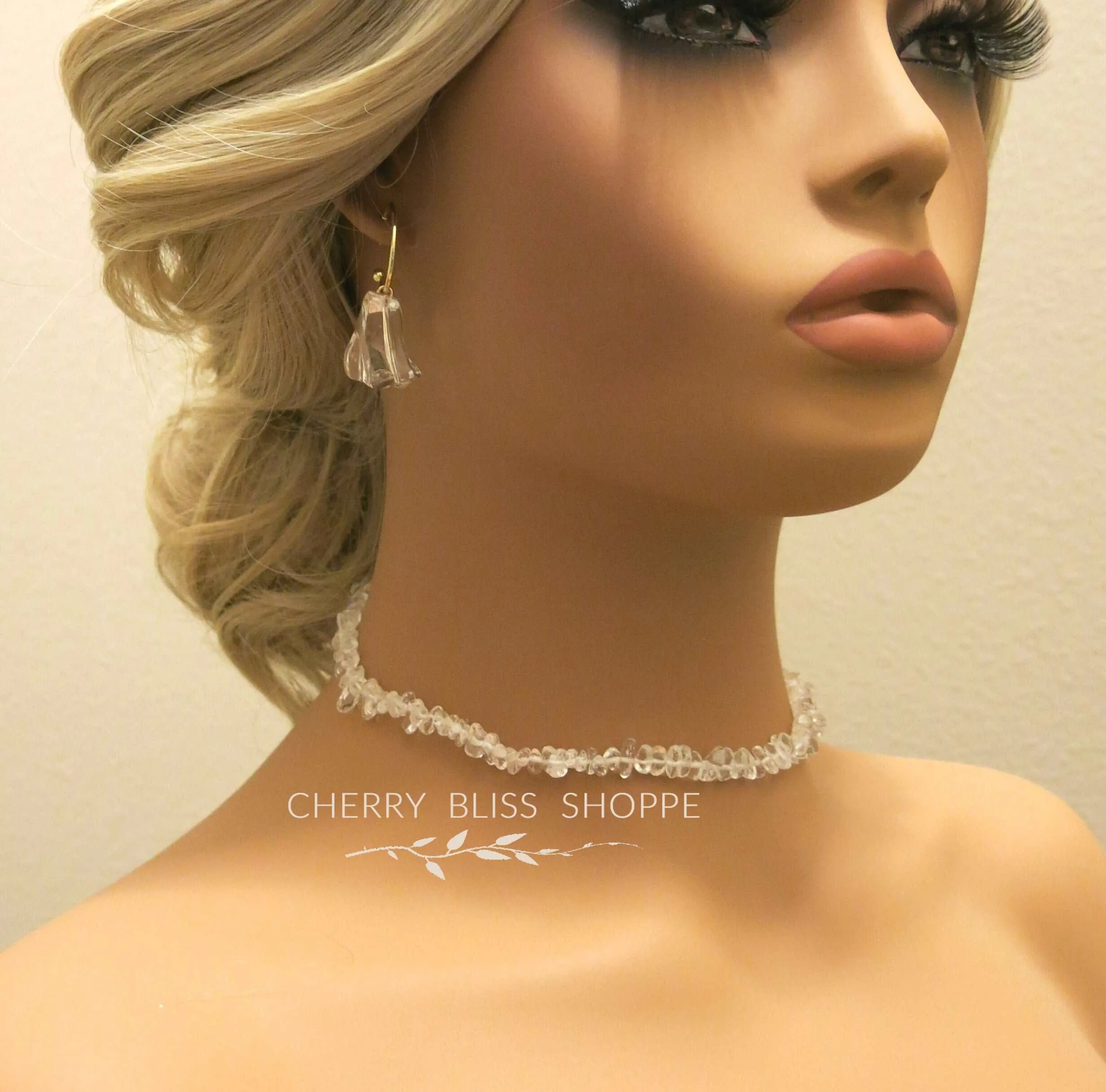 2 PC Natural Quartz Gem Necklace and Bracelet Two Piece Jewelry Set, Ice Cube Statement Earrings