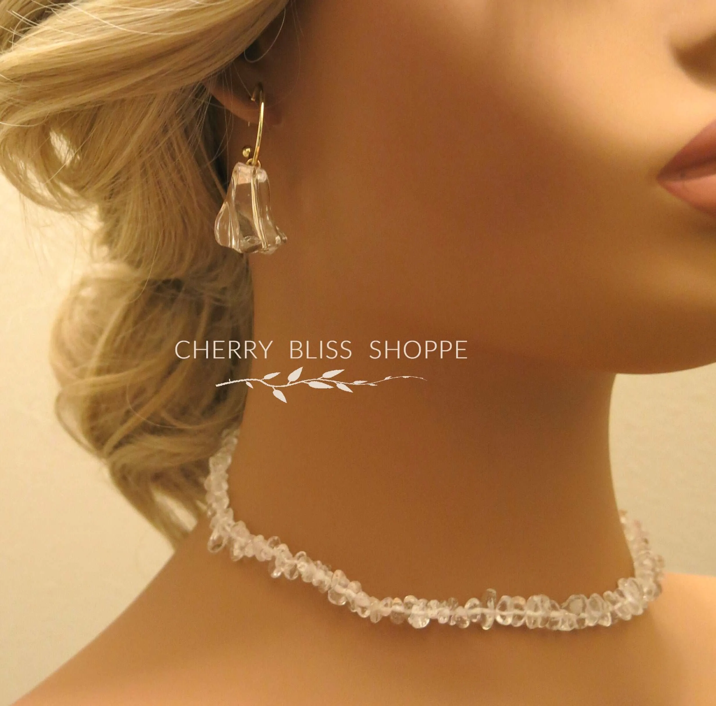 2 PC Natural Quartz Gem Necklace and Bracelet Two Piece Jewelry Set, Ice Cube Statement Earrings
