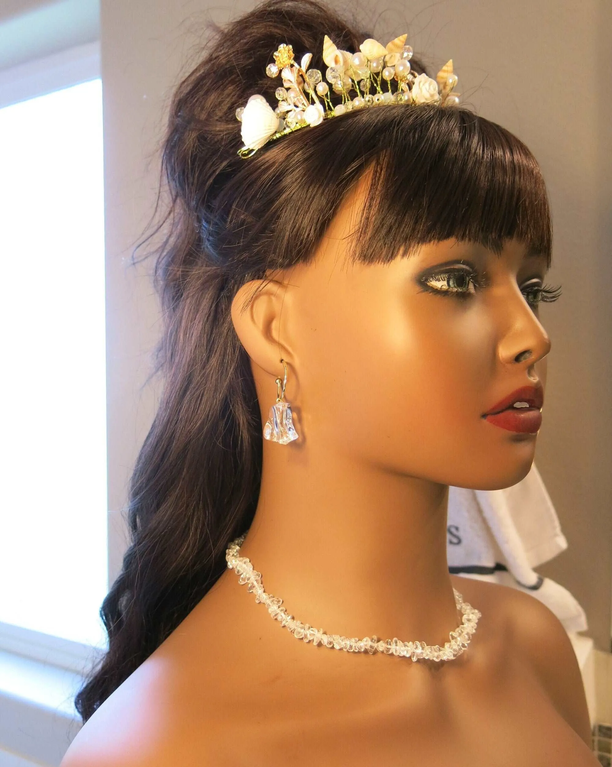 2 PC Natural Quartz Gem Necklace and Bracelet Two Piece Jewelry Set, Ice Cube Statement Earrings