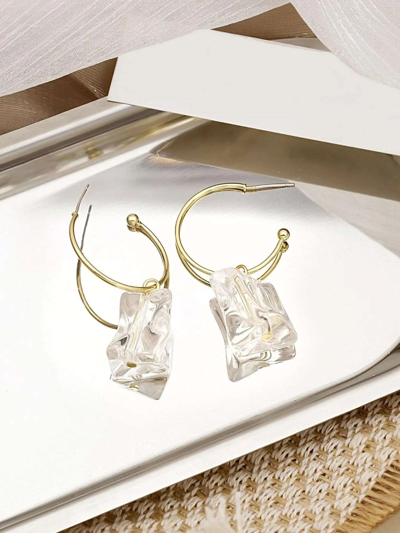 2 PC Natural Quartz Gem Necklace and Bracelet Two Piece Jewelry Set, Ice Cube Statement Earrings