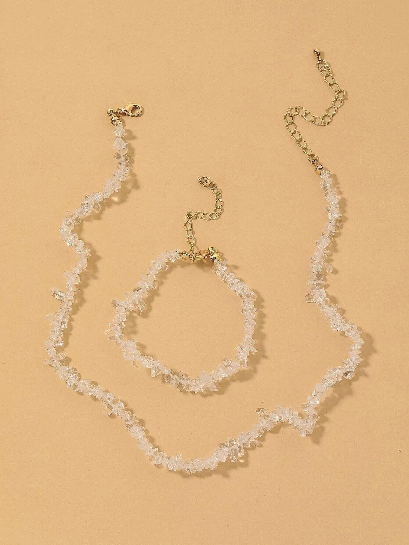2 PC Natural Quartz Gem Necklace and Bracelet Two Piece Jewelry Set, Ice Cube Statement Earrings