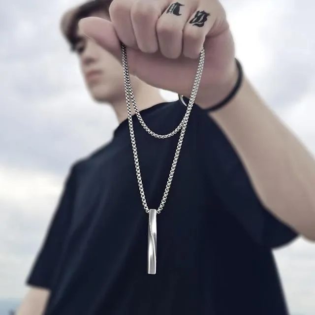 2021 New Silver Color Men Spiral Necklace Stainless Steel Rectangle Minimalist Simple Personality Hip Hop Ins Men's pendant boys