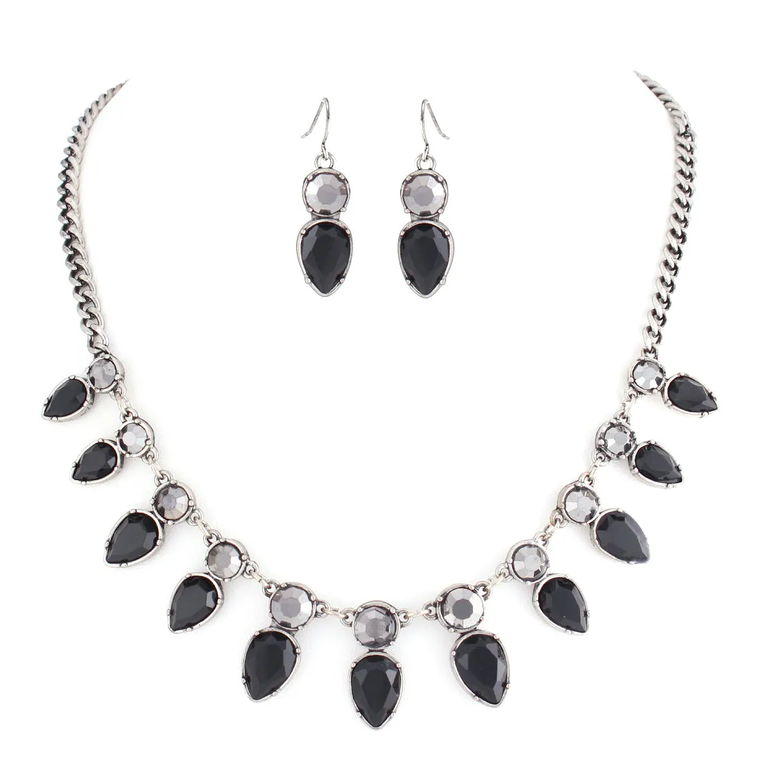 2TONE-BLACK HEMATITE SILVER TEARDROP BLACK ONYX STONE NECKLACE EARRING SET  #FW1404670 (SHOWROOM)