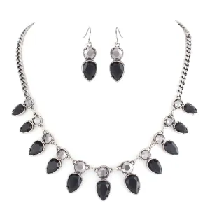 2TONE-BLACK HEMATITE SILVER TEARDROP BLACK ONYX STONE NECKLACE EARRING SET  #FW1404670 (SHOWROOM)