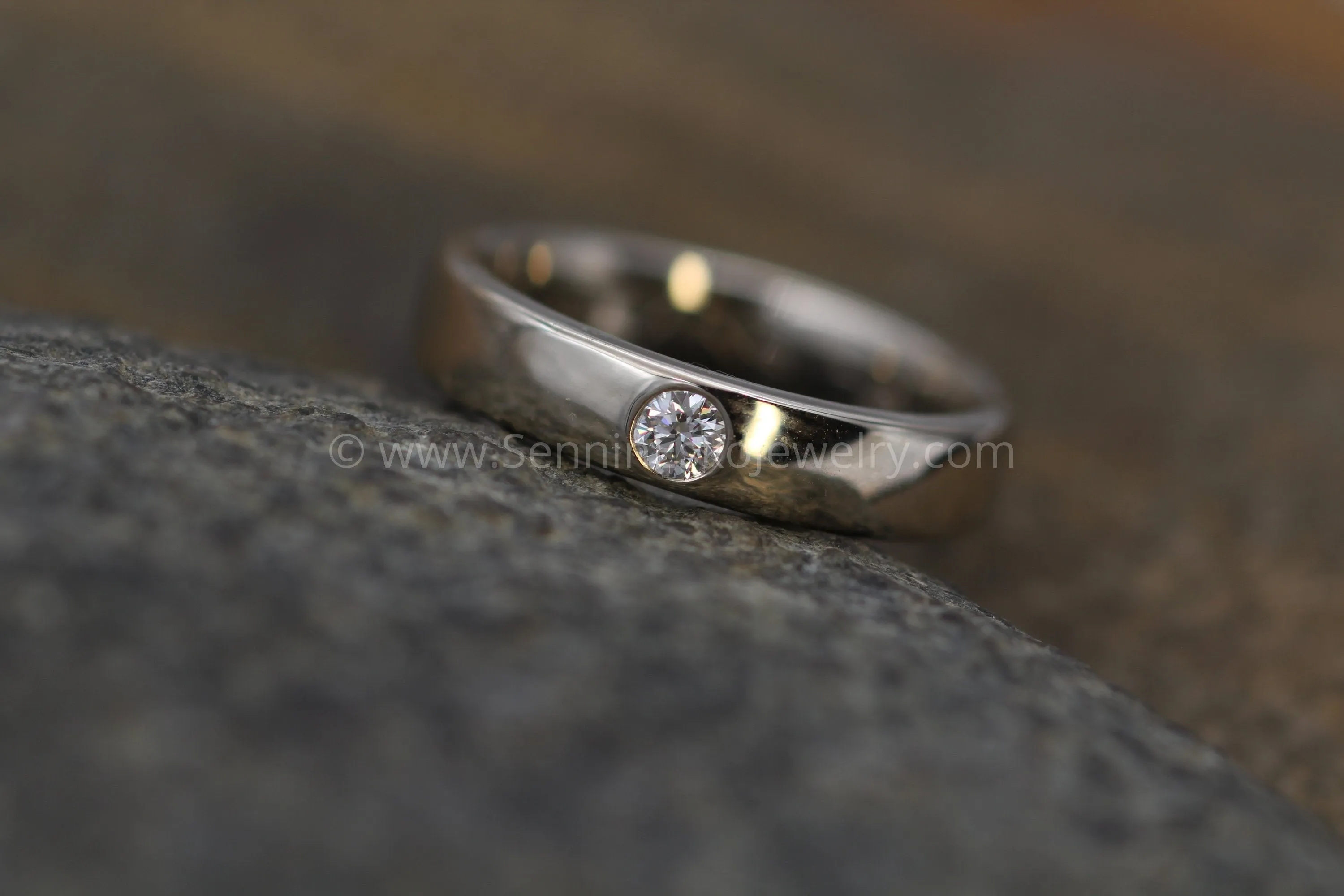 3mm Diamond 4mm Wide Band Flush Set Wedding Band Glossy Finish - Diamond Inset Band