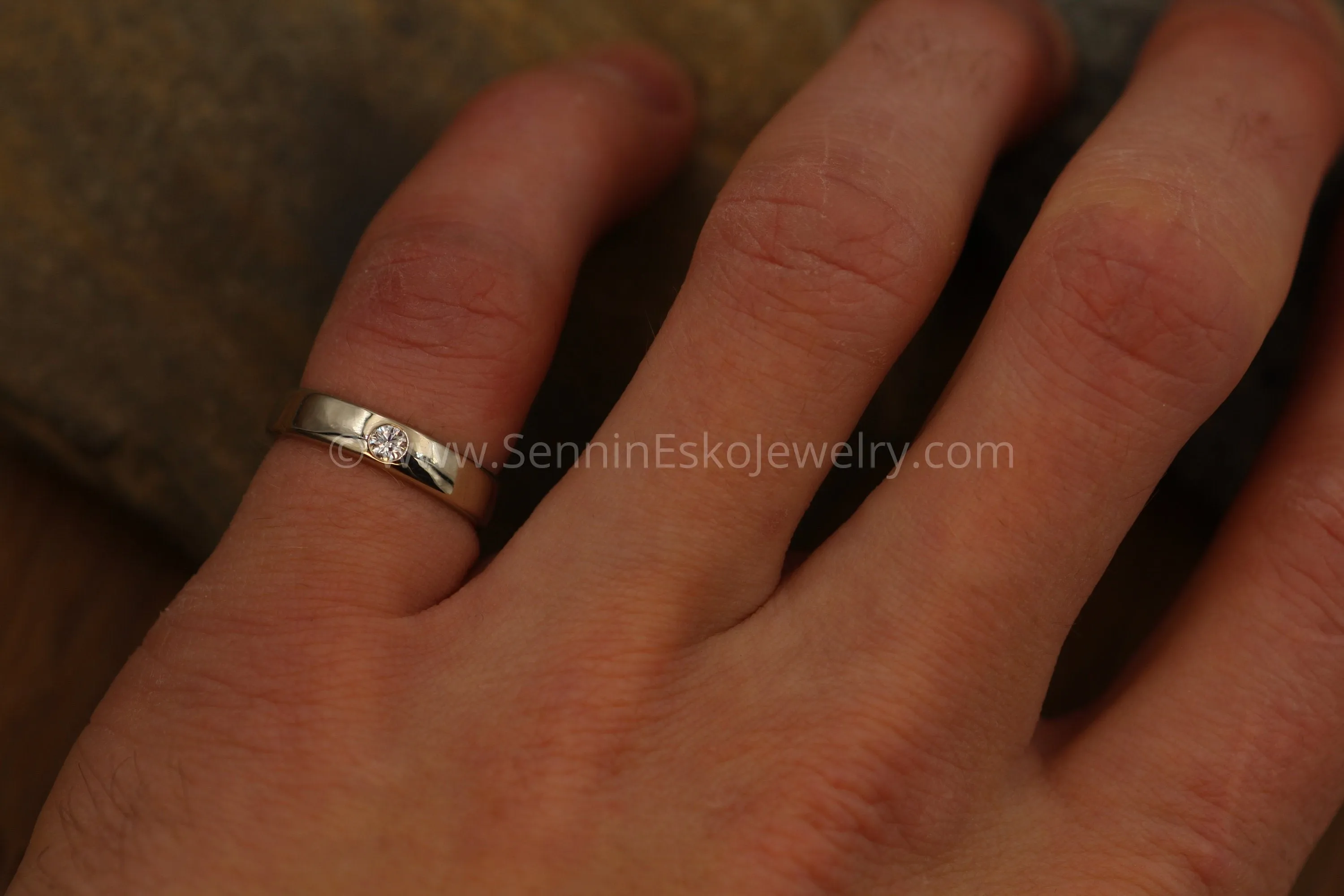 3mm Diamond 4mm Wide Band Flush Set Wedding Band Glossy Finish - Diamond Inset Band