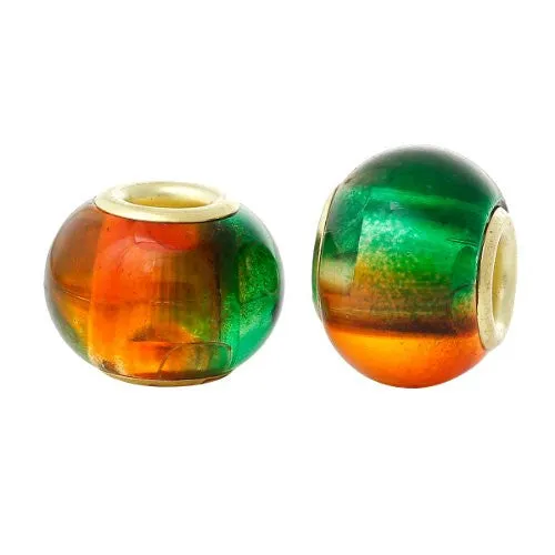 5 Glass European Charm Beads Round Green & orange multi