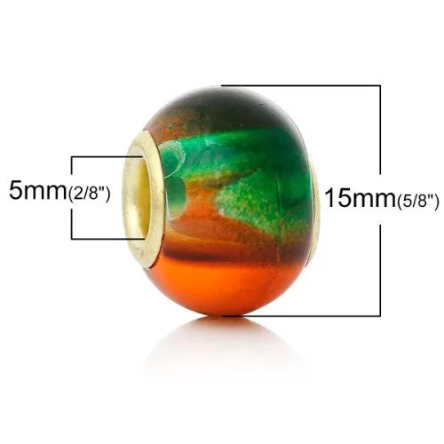 5 Glass European Charm Beads Round Green & orange multi