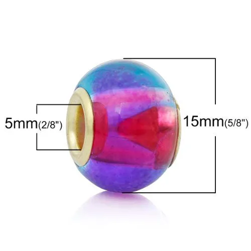 5 Glass European Charm Beads Round Multi yellow