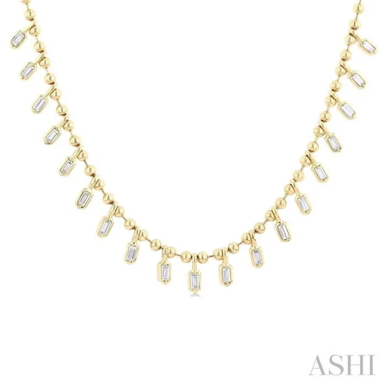 5/8 ctw Baguette Cut Diamond Halfway Gold Bead Ball Chain Necklace in 14K Yellow Gold