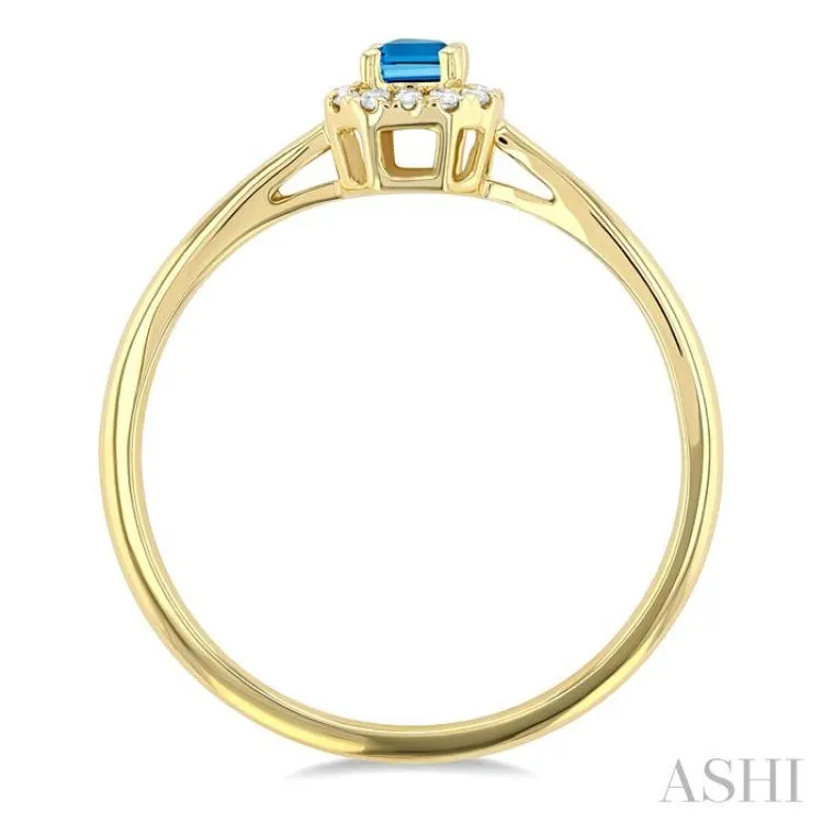 5x3 MM Octagonal Shape Blue Topaz and 1/20 ctw Single Cut Diamond Halo Semi Precious Ring in 10K Yellow Gold