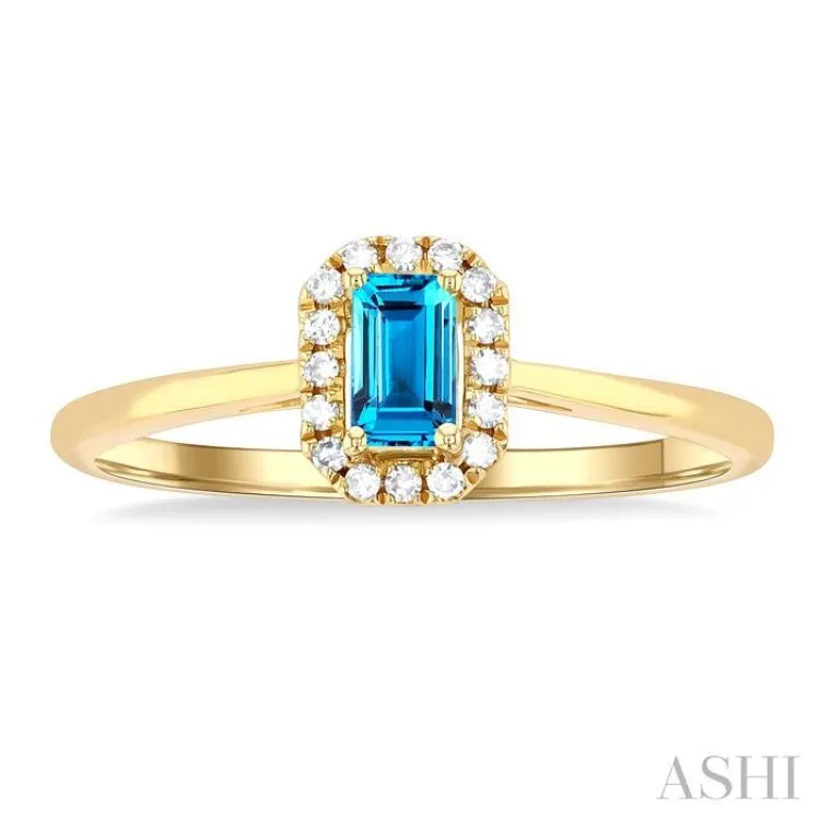 5x3 MM Octagonal Shape Blue Topaz and 1/20 ctw Single Cut Diamond Halo Semi Precious Ring in 10K Yellow Gold